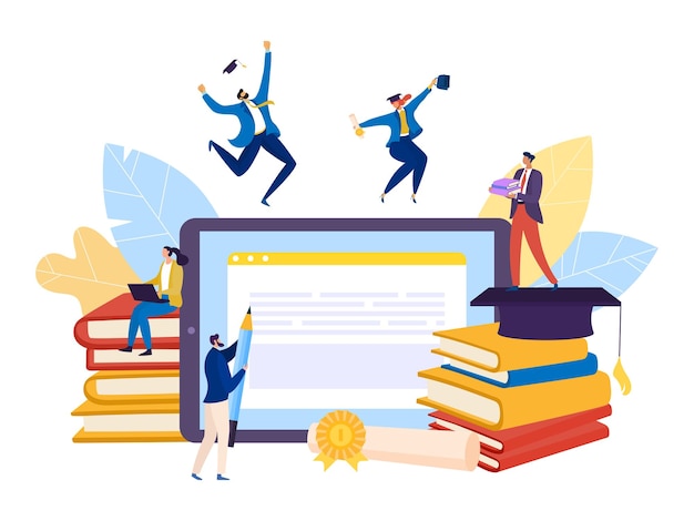 Educación para estudiantes en tecnología escolar en línea ilustración vectorial libro de estudio de personajes de personas en