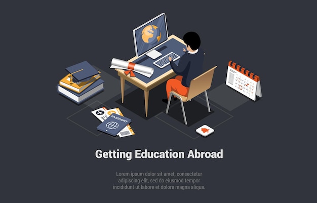 Educación en el extranjero Programa de trabajo y viajes Concepto Hombre Estudiante de intercambio frente a la computadora Buscando información sobre cursos Educación en Internet Curso Grado Isométrico 3D Vector Ilustración