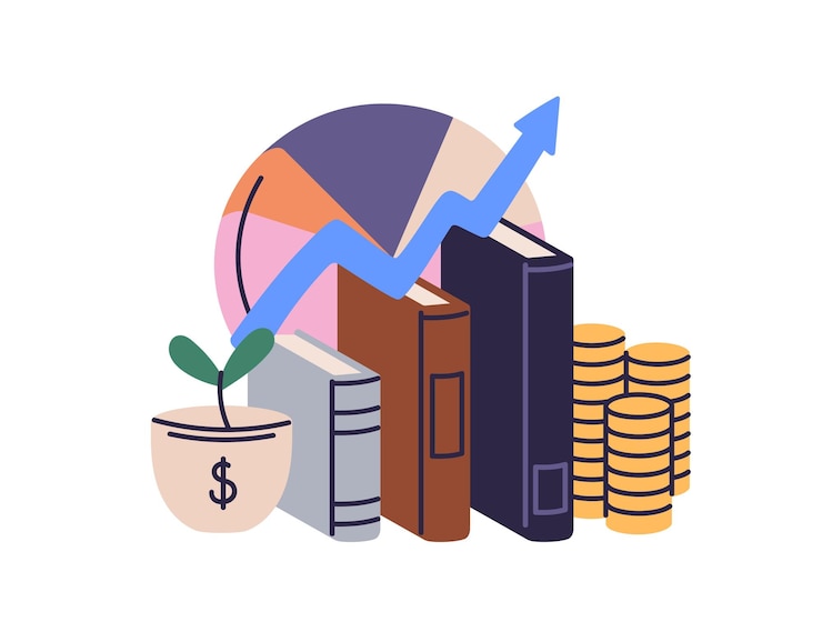 Vector educación financiera y empresarial economía estudio concepto de alfabetización financiera libros sobre economía conocimiento de la inversión y composición del dinero ilustración vectorial plana aislada sobre fondo blanco