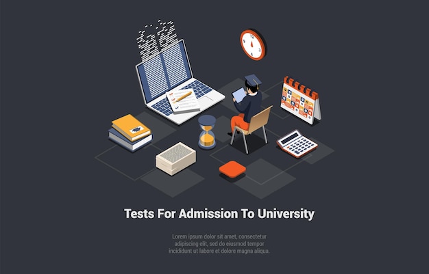 Educación global y prueba de admisión a la universidad El estudiante de carácter masculino aprobó el examen Hombre aprendiendo en línea en la tableta y obtuvo el certificado de admisión a la universidad Ilustración vectorial 3d isométrica