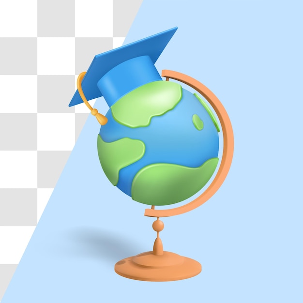 Educación, globo escolar con gorra de estudiante, aprendizaje, iconos 3d para aprender. ilustración vectorial