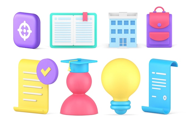 Educación graduación conocimiento licenciatura estudiante aprendizaje idea lección curso conjunto 3d icono vector