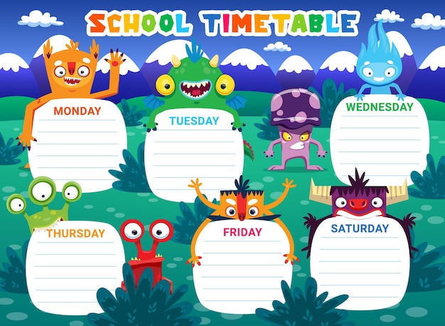 Vector educación horario horario monstruo personajes