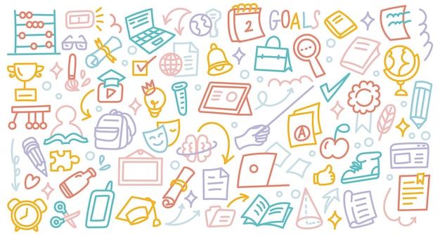 Educación Ilustración de Doodle Arte de línea dibujado a mano colorido con libros de suministros escolares, etc.