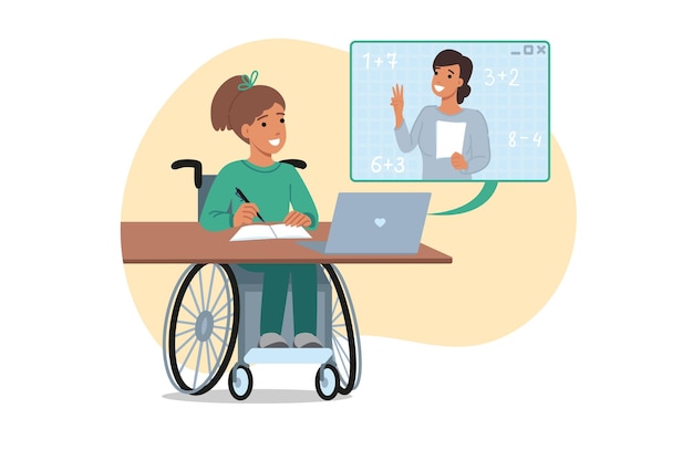 Educación inclusiva para adolescentes en silla de ruedas durante la lección de matemáticas en línea