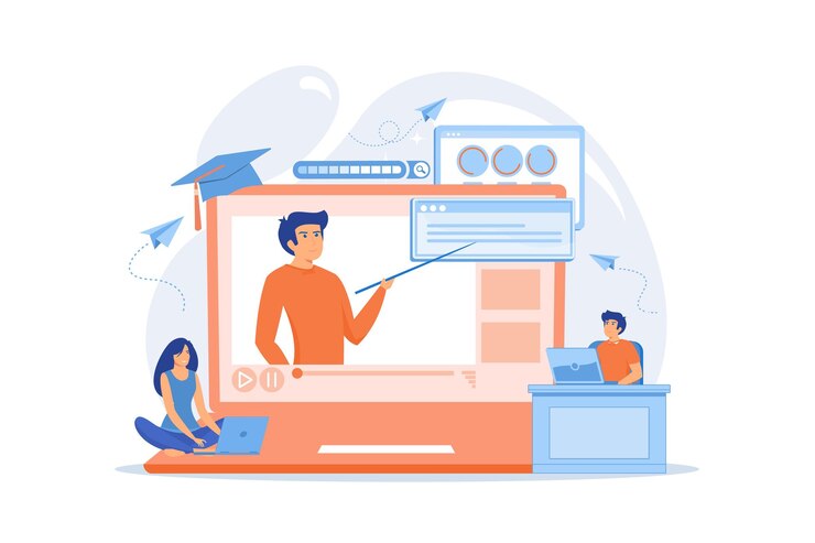 Vector educación en internet, escuela de desarrollo de sitios web remotos. taller en línea, curso temático en línea,