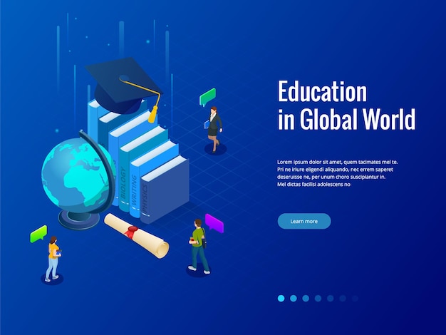 Educación isométrica en el mundo global. Libros paso educación. Concepto de educación en línea. Cursos de formación en línea, especialización, ilustración vectorial de estudios universitarios.