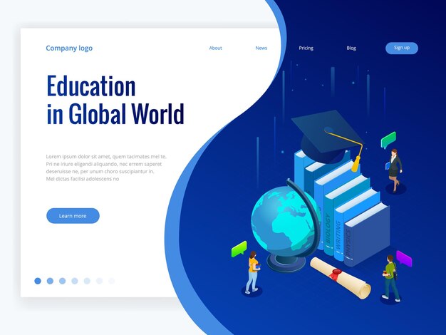Educación isométrica en el mundo global. Libros paso educación. Concepto de educación en línea. Cursos de formación en línea, especialización, ilustración vectorial de estudios universitarios.