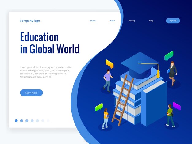 Educación isométrica en el mundo global. Libros paso educación. Concepto de educación en línea. Cursos de formación en línea, especialización, ilustración vectorial de estudios universitarios.