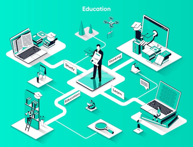 Educación isométrica web banner isometría plana