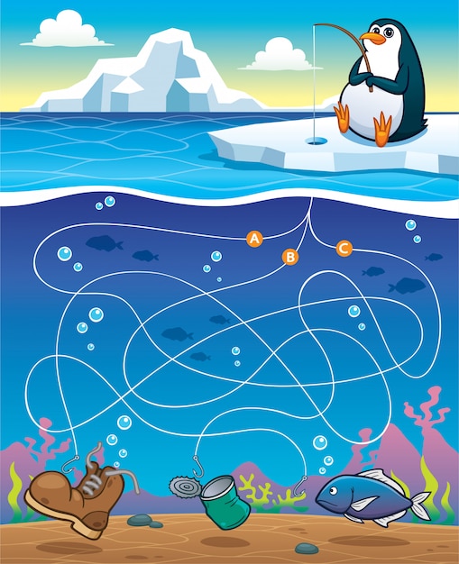Educación laberinto juego pingüino pesca