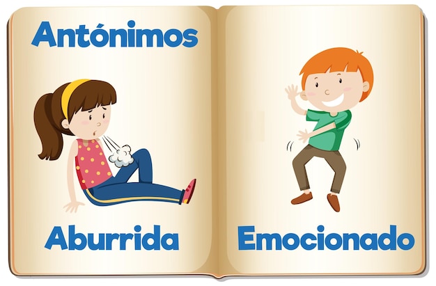 Vector educación de la lengua española aburrido y emocionado tarjeta ilustrada