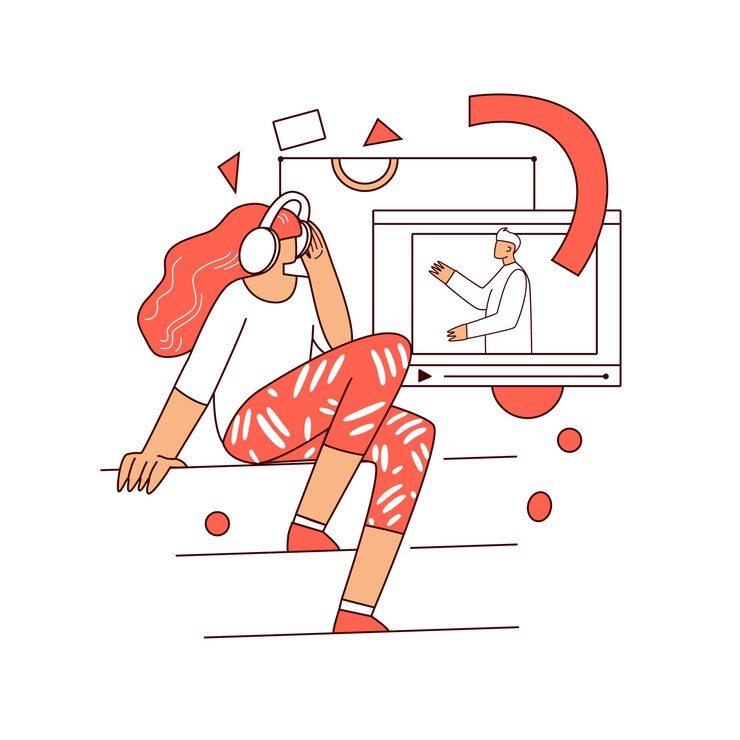 Educación en línea, aprendiendo en el teléfono concepto gráfico abstracto. Chica sentada en casa frente a teléfono inteligente, tableta, viendo videos educativos. Universidad en línea, ilustración del curso escolar
