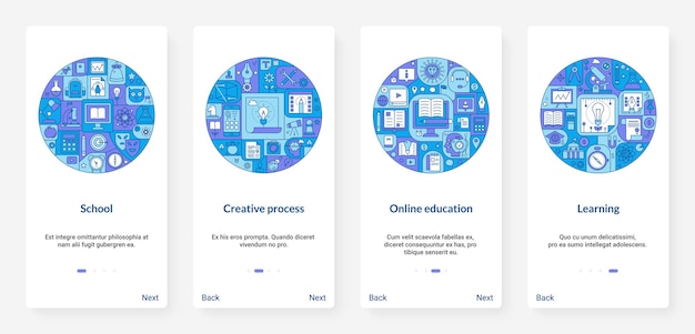 Educación en línea aprendizaje escolar proceso creativo ux ui aplicación móvil conjunto de pantallas de página