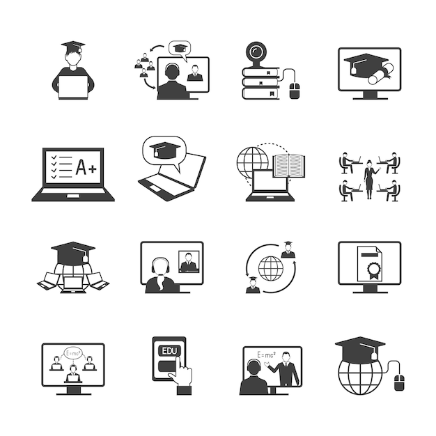 Educación en línea de aprendizaje de vídeo digital graduación icono negro conjunto aislado ilustración vectorial
