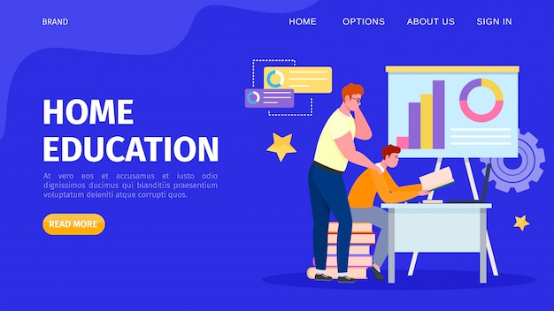 Educación en línea en casa, ilustración. Gente estudiante carácter aprendizaje en internet por tecnología a distancia. Estudiar