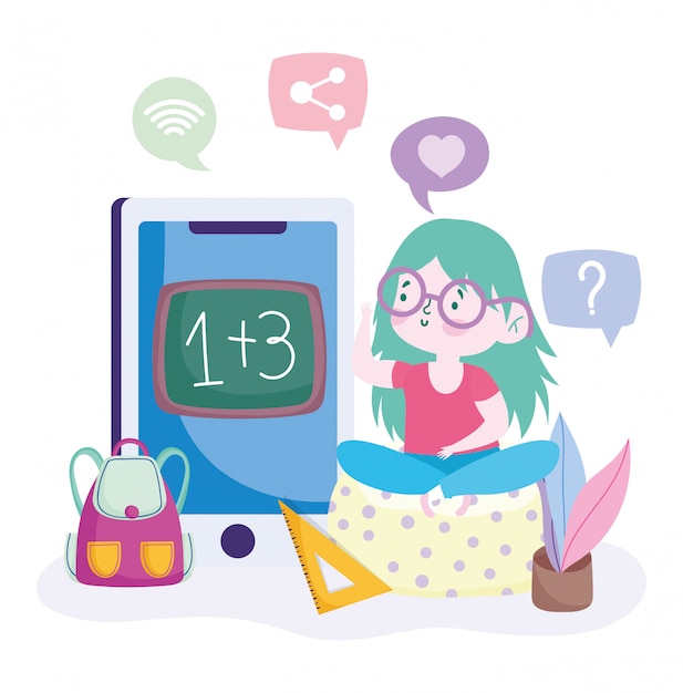 educación en línea, chica que estudia matemáticas en teléfonos inteligentes, sitio web y cursos de capacitación móvil