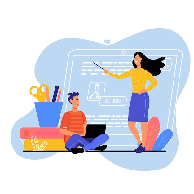 Educación en línea de concepto azul con escena de personas en el estilo de dibujos animados planos