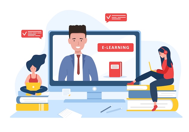 Educación en línea. Concepto de diseño plano de capacitación y video tutoriales. Estudiante aprendiendo en casa. Ilustración para el banner del sitio web, material de marketing, plantilla de presentación, publicidad en línea.