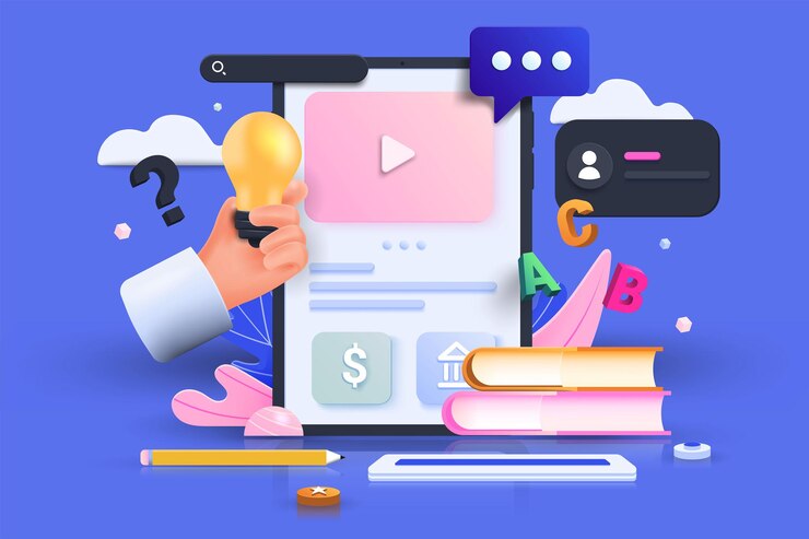 Vector educación en línea, concepto de e-learning. tableta con pilas de libros, capacitación en video en línea a través de una plataforma en línea. 3d ilustración vectorial