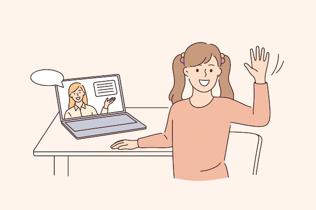 Educación en línea y concepto de elearning. Feliz linda niña sentada en la computadora portátil agitando la mano haciendo la escuela en casa con la computadora portátil e-learning y la ilustración de vector de curso