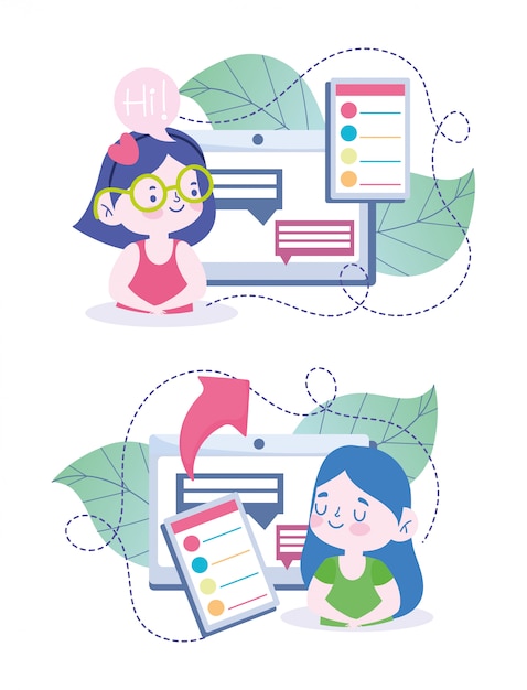 educación en línea, curso de computadora de tableta para niñas estudiantes, ilustración de cursos de sitio web y capacitación móvil