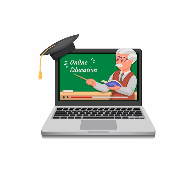 Vector educación en línea. curso de transmisión en línea en la computadora portátil en la ilustración realista de dibujos animados en el fondo blanco