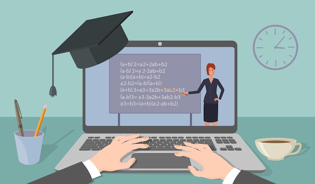 Educación en línea elearningTeacher liderando la lección en la pantalla del portátil
