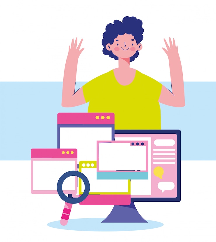 Vector educación en línea, estudiante chico sitio web curso de informática dibujos animados