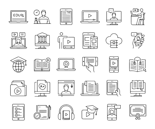Educación en línea Icon Set Computadora Internet Enseñanza Tutoriales de webinar