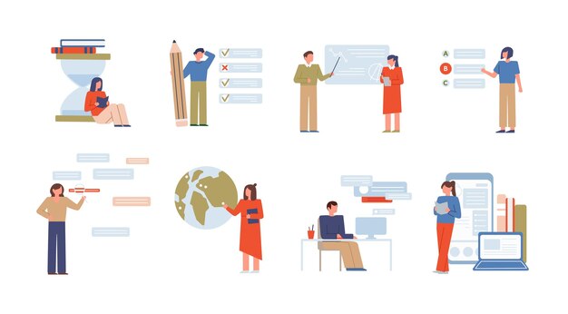 Educación en línea ilustraciones vectoriales planas conjunto E aprendizaje clases universitarias a distancia Pruebas de preparación para exámenes aisladas en blancos Profesores y estudiantes personajes de dibujos animados Lecciones digitales