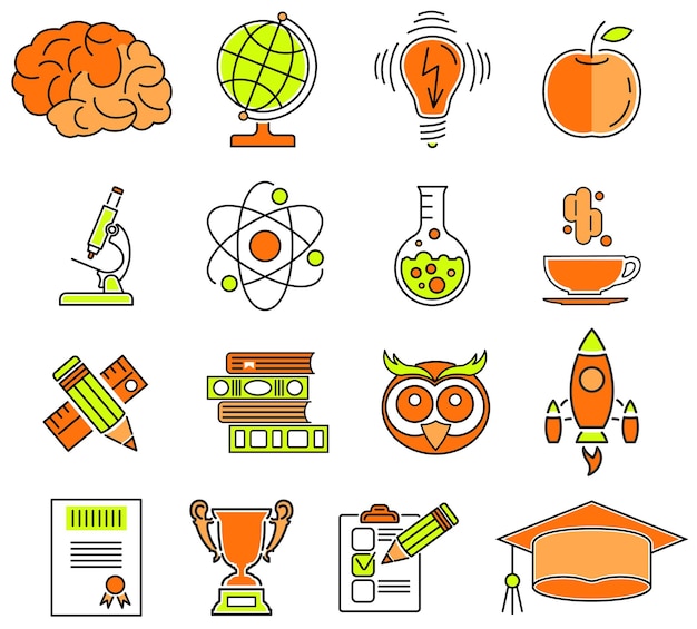 Vector educación en línea, líneas finas, color, conjunto de iconos web, con elementos planos, para, folleto, cartel, sitio web, como, birrete, libros, cerebro, y, trofeo