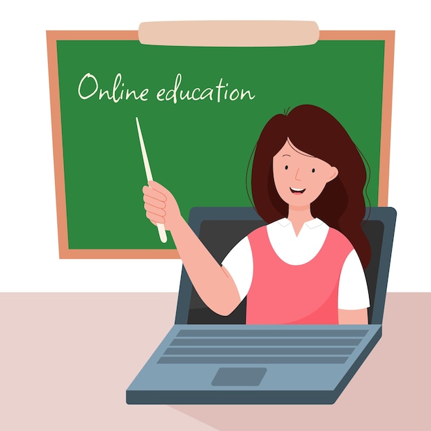 Educación en línea El maestro dirige un seminario web en el aula Linda mujer mostrando texto en pizarra