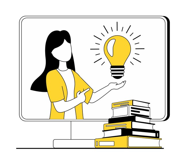 Educación en línea En el monitor, una mujer está impartiendo un curso en línea