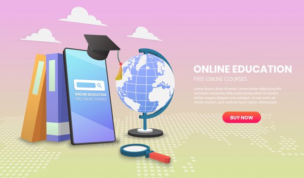 Educación en línea en el móvil con la aplicación de libros Vector ilustración vectorial 3d