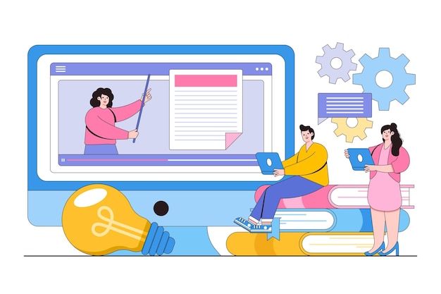Educación en línea de negocios planos y concepto de aprendizaje electrónico en el hogar Webinar video tutorial de capacitación podcast y entrenamiento Estilo de diseño de esquema ilustración vectorial mínima