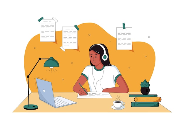Educación en línea Niña estudia en línea en la computadora Ilustración vectorial para la página de inicio.