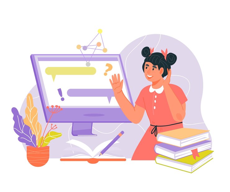 Vector educación en línea para niños y concepto de escuela de computación con vector plano alegre linda chica