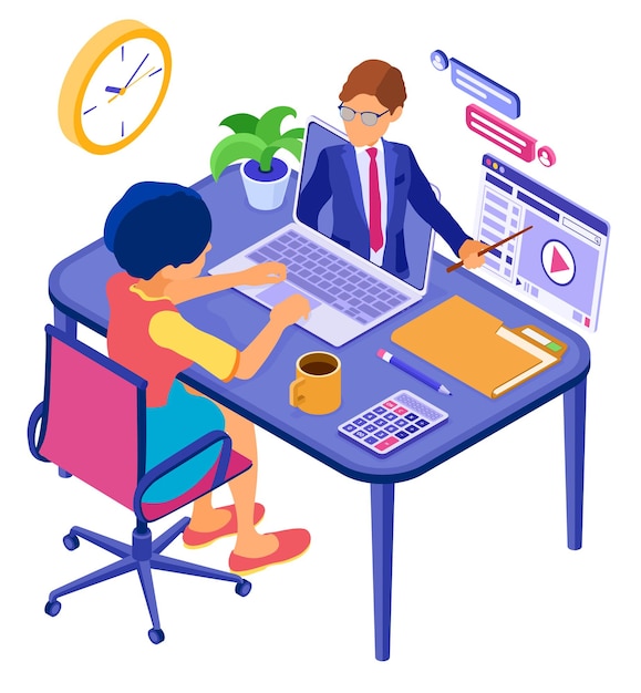Educación en línea o examen a distancia con curso de Internet de carácter isométrico e-learning de niña en casa estudiando en línea en una computadora portátil con el concepto de educación isométrica del maestro ilustración vectorial aislada