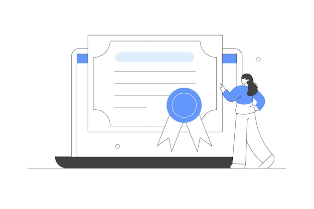 Educación en línea Personaje que estudia en línea recibiendo el diploma de graduación en una computadora portátil