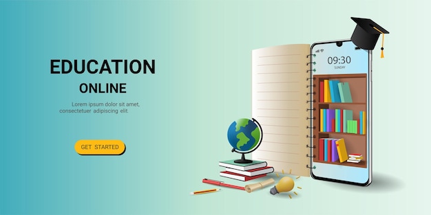Educación en línea en el sitio web y la aplicación móvil con libro biblioteca electrónica de teléfono inteligente cursos de capacitación en línea biblioteca digital concepto para diseño gráfico web plantilla de página de aterrizaje vector