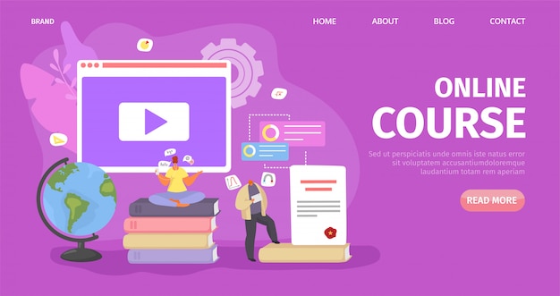Educación en línea, tecnología de cursos para estudiantes, ilustración. Conocimientos en informática por internet, estudio a distancia web. Personas