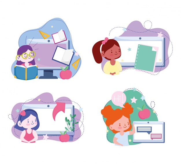 educación en línea, tecnología de dispositivo de tableta para computadora para niñas estudiantes, sitio web y cursos de capacitación móvil
