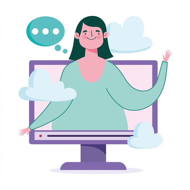 Vector educación en línea, video de estudiantes, lección de conversación, computadora virtual