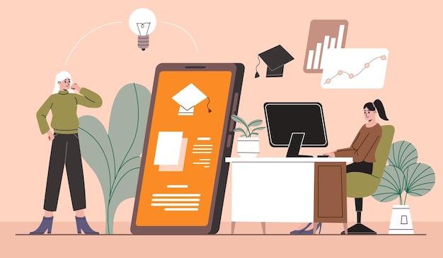 Educación moderna en línea Niñas formadas a través de aplicaciones y sitios web Mujeres que estudian para obtener diplomas Certificados de graduación Personas que ven o escuchan conferencias Concepto de aprendizaje electrónico vectorial