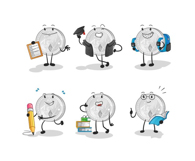 La educación de la moneda Ethereum establece el carácter. vector de mascota de dibujos animados
