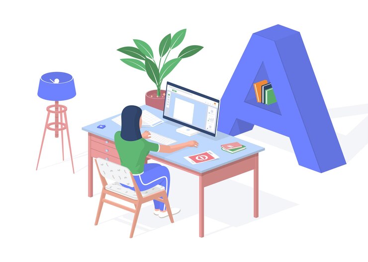 Vector educación online a domicilio en cuarentena. adolescente se sienta en la computadora traduciendo texto. apila notas de libros sobre la mesa. aprendizaje a distancia con exámenes de preparación web. isometría realista vector