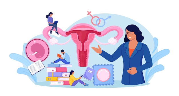 Educación sexual. Ginecólogo Doctor Consultate Girls. Pubertad, Maduración. Lección de salud sexual para jóvenes. Anticoncepción y aparato reproductor femenino, útero, ovarios. Sexualidad y género