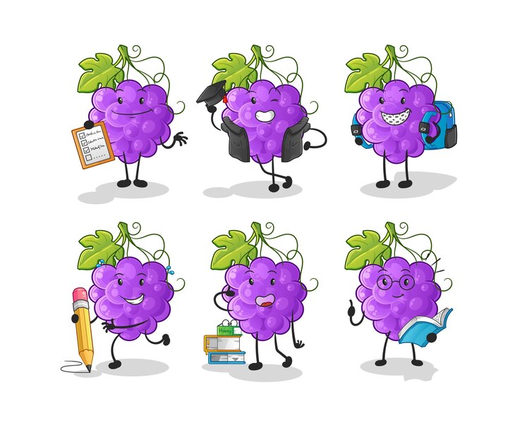 Vector la educación sobre la uva establece el carácter. vector de mascota de dibujos animados