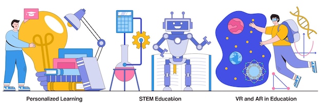 Educación de tallo de aprendizaje personalizado VR y AR en conceptos de educación con personajes de personas Programa de estudio personal sistema académico tecnología futurista paquete de ilustración de vector abstracto
